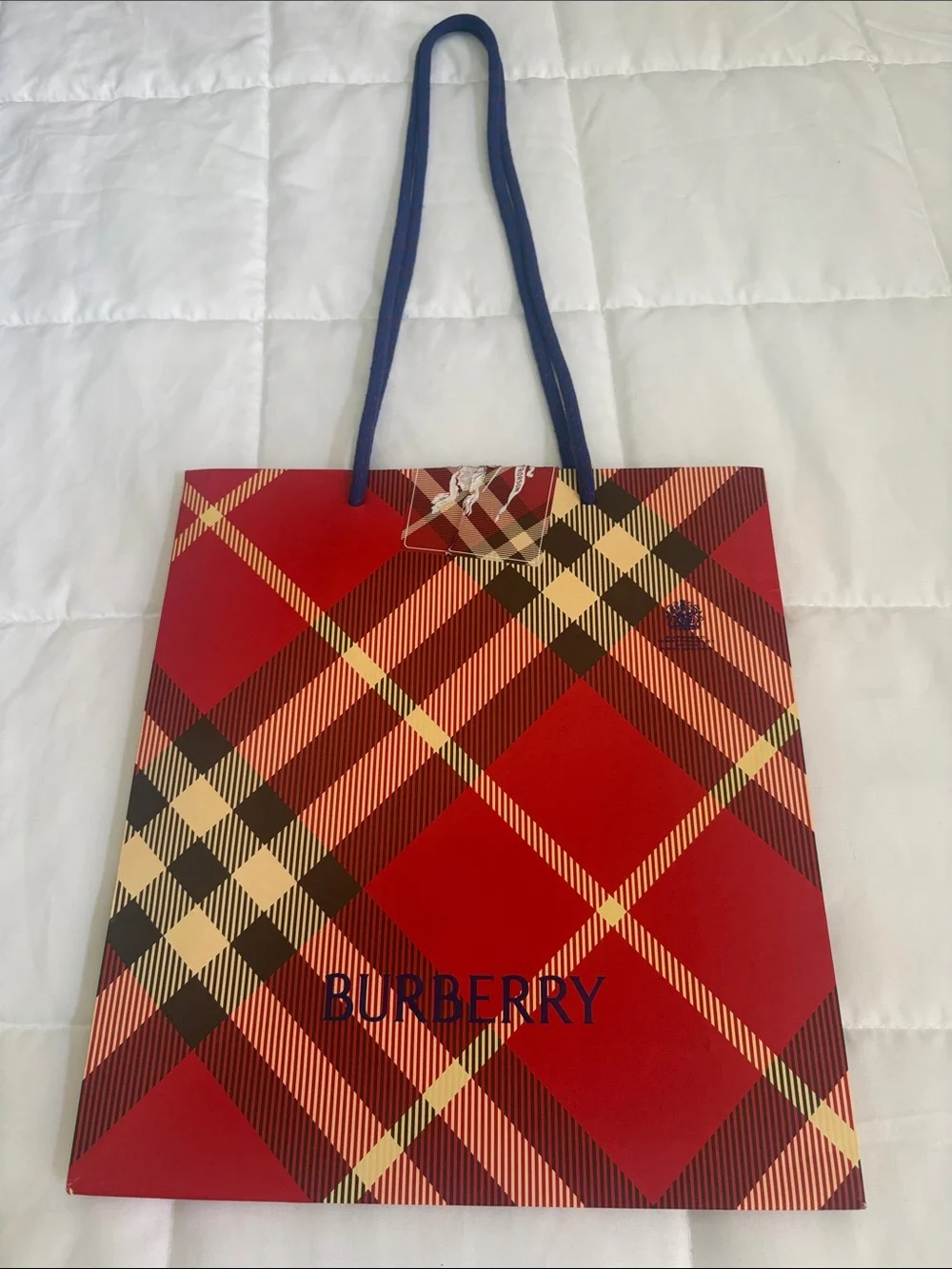 Burberry Red Plaid Tote with Navy Handles 10 x 11“